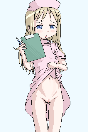 tofu (tf07px), ana coppola, ichigo mashimaro, lowres, 1girl, blonde hair, blue eyes, cleft of venus, clipboard, clothes lift, cosplay, dossier, dress, dress lift, female focus, hat, jaggy lines, loli, long hair, no panties, nurse, nurse cap, oekaki, pussy, skirt, skirt lift, solo