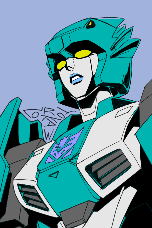 makoto ono, transformers, transformers victory, 1girl, blue background, colored skin, decepticon, extra eyes, green helmet, green lips, helmet, humanoid robot, insignia, lyzack, mecha, robot, robot girl, science fiction, solo, white skin, yellow eyes