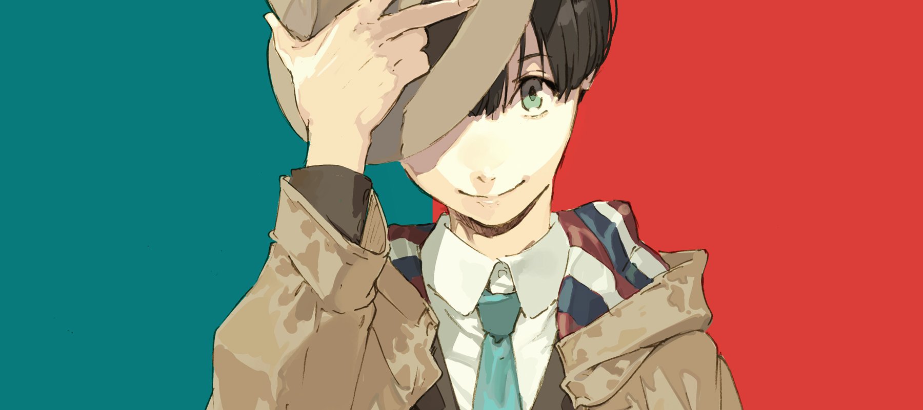 pako (pakosun), moritsuka shun, occultic;nine, science adventure, highres, official art, 1boy, black hair, blue necktie, blunt bangs, brown jacket, coat, dress shirt, fedora, green eyes, hat, jacket, long sleeves, male focus, necktie, one eye covered, open clothes, open coat, shirt, short hair, smile, solo, striped hood, suit jacket, white shirt