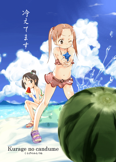 itou chika, matsuoka miu, ichigo mashimaro, translation request, 2girls, beach, bikini, child, day, food, frilled bikini, frills, fruit, multiple girls, one eye closed, outdoors, swimsuit, water gun, watermelon, wink