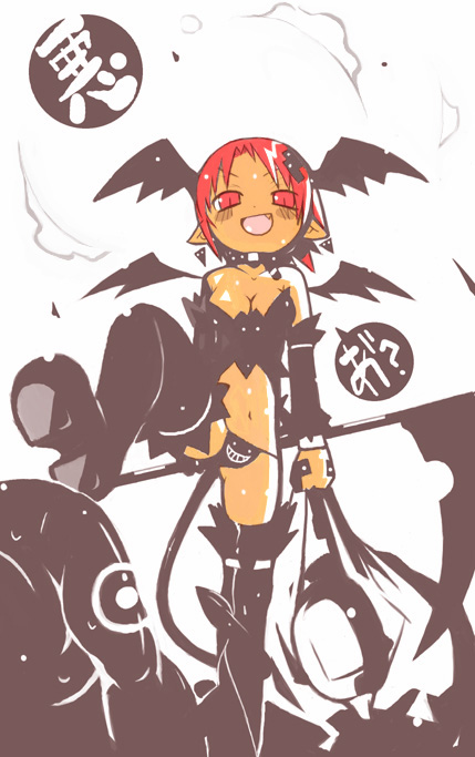 hiruma andon, ke1rou, etna (disgaea), prinny, disgaea, boots, breasts, cleavage, demon girl, fang, head wings, pointy ears, red eyes, red hair, scythe, solo, tail, thigh boots, thighhighs, whip, wings