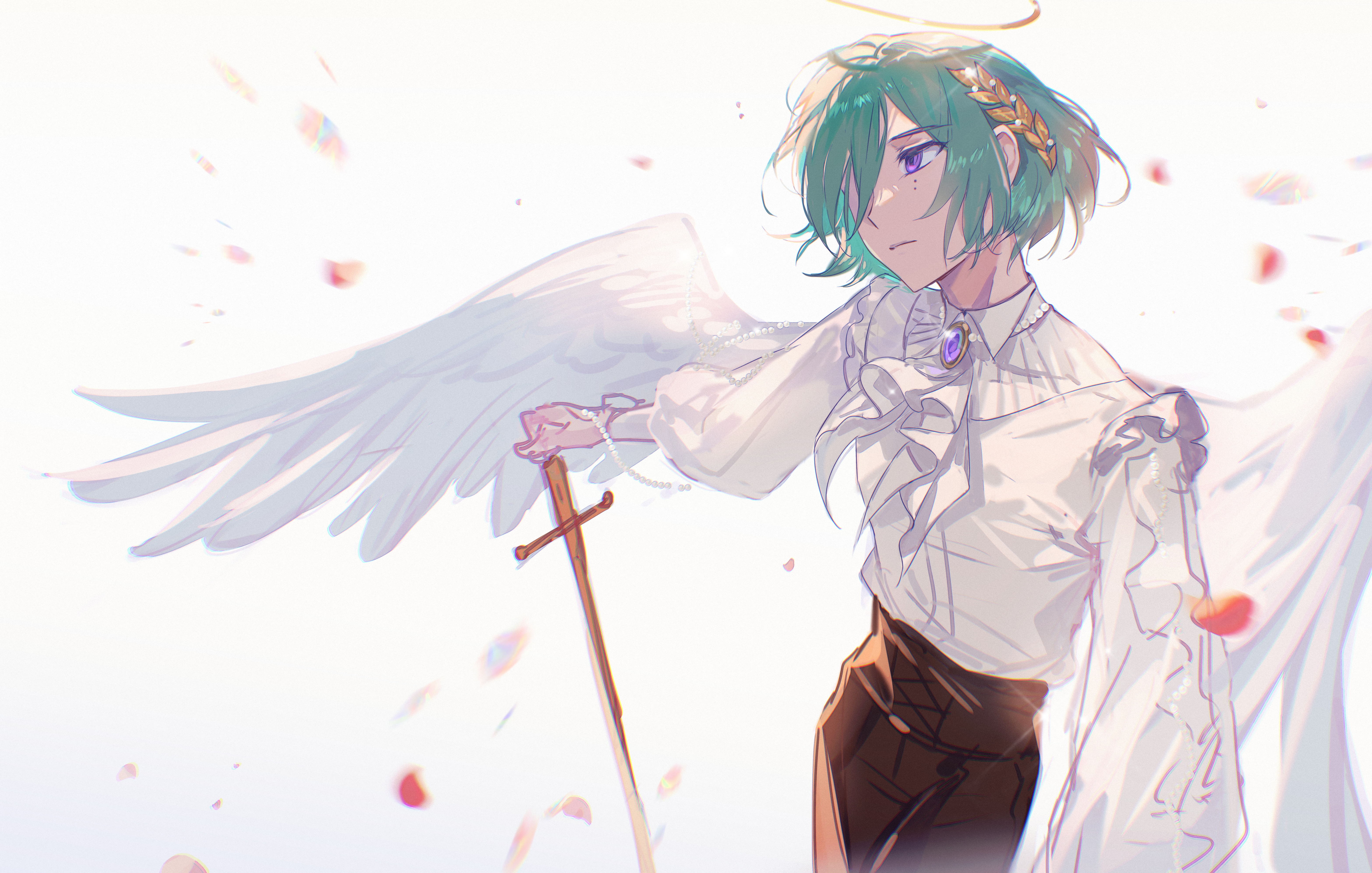 wei huo hu, kazehaya tatsumi, ensemble stars!, absurdres, chinese commentary, highres, 1boy, angel, angel wings, ascot, bob cut, brooch, brown pants, closed mouth, collared shirt, cowboy shot, expressionless, falling petals, feathered wings, gem, green hair, hair between eyes, hair over one eye, halo, hand on hilt, jewelry, laurel crown, long sleeves, looking ahead, male focus, mole, mole under eye, multiple moles, one eye covered, pants, pearl (gemstone), petals, puffy long sleeves, puffy sleeves, purple eyes, purple gemstone, rose petals, shirt, shirt tucked in, short hair, simple background, solo, sword, traditional halo, weapon, white ascot, white background, white shirt, white wings, wings, yellow halo