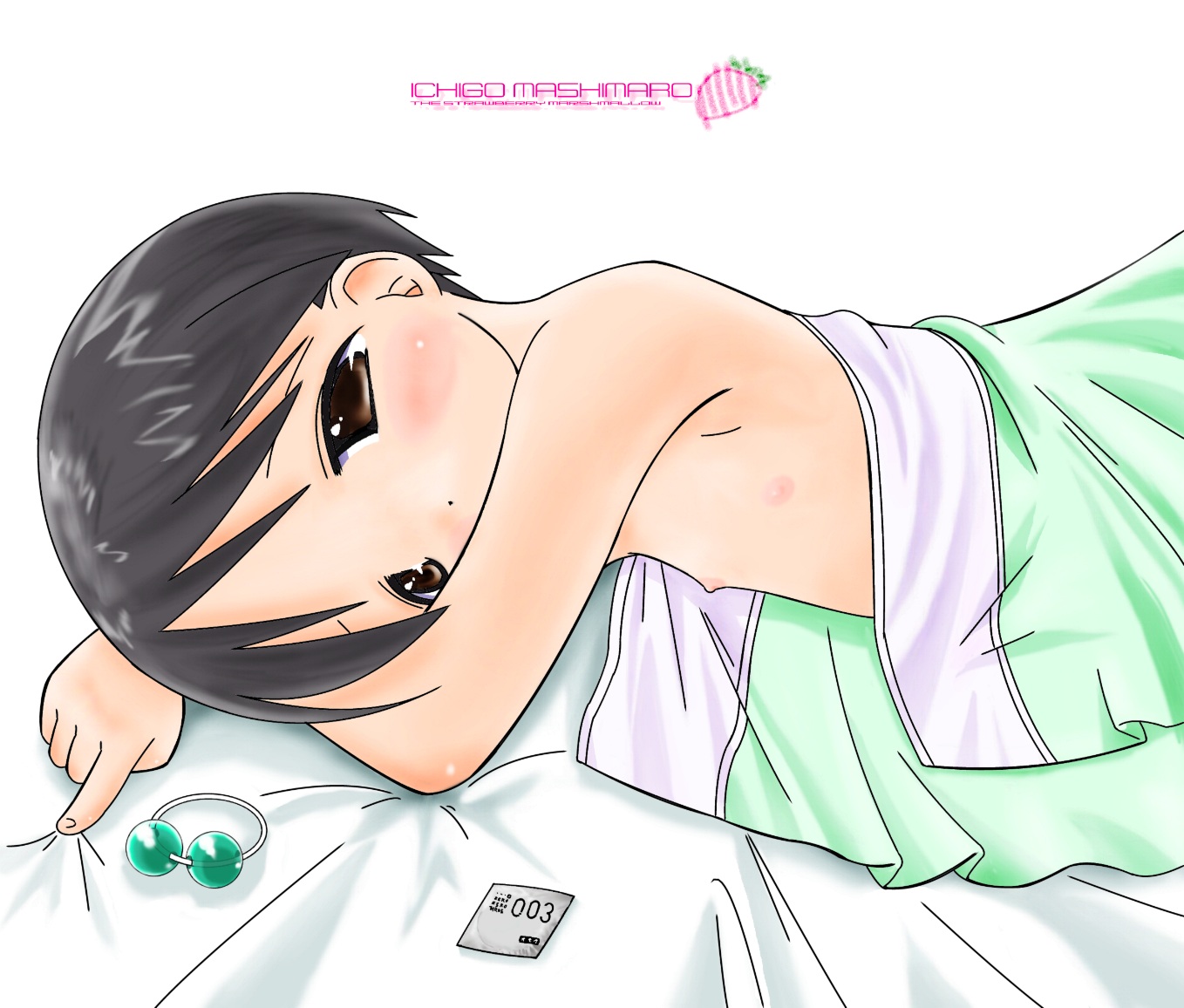 itou chika, ichigo mashimaro, artist request, 1girl, black hair, blush, brown eyes, condom, female focus, flat chest, loli, lying, nipples, solo