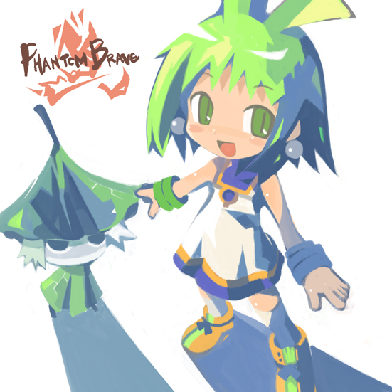 hiruma andon, ke1rou, marona (phantom brave), putty, putty (phantom brave), nippon ichi, phantom brave, looking away, 1girl, :d, ahoge, ankle boots, blush stickers, boots, bracelet, dress, earrings, from above, green eyes, green hair, jewelry, leaf, open mouth, short hair, sleeveless, smile, standing, thighhighs, white background, white hair, white thighhighs