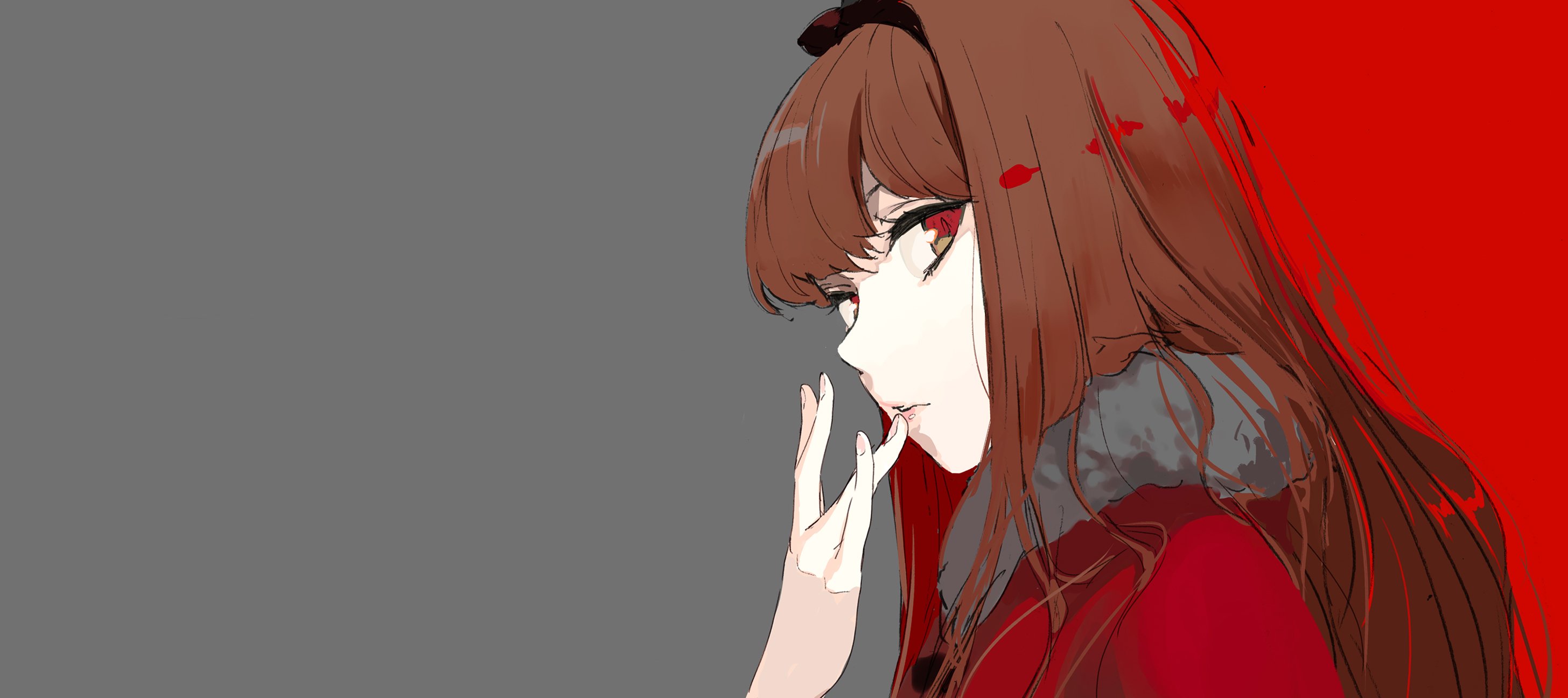 pako (pakosun), kurenaino aria, occultic;nine, science adventure, shiny lips, highres, official art, 1girl, black bow, black hairband, blunt bangs, bow, brown eyes, brown hair, capelet, capelet bow, from side, fur-trimmed capelet, fur trim, grey background, hairband, long hair, looking at viewer, nail polish, parted lips, red capelet, red eyes, sideways glance, simple background, solo, upper body