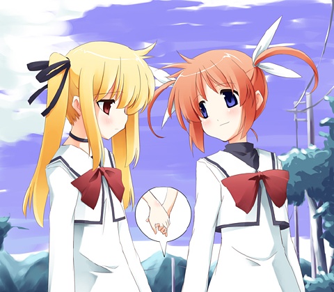 sakuraba yuuki, fate testarossa, takamachi nanoha, lyrical nanoha, mahou shoujo lyrical nanoha, mahou shoujo lyrical nanoha a's, duplicate, lowres, 00s, 2girls, blonde hair, bow, brown hair, holding hands, multiple girls, purple eyes, red bow, red eyes, school uniform, serafuku, twintails