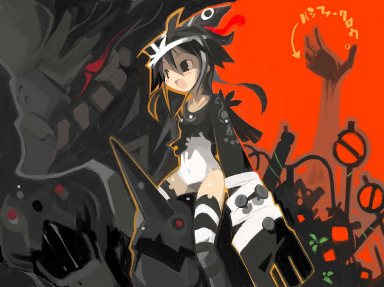 hiruma andon, ke1rou, lucifer crow, artdink, tactics ogre, 1girl, :d, arrow (symbol), bandages, black eyes, black hair, blush stickers, crop top, fantasy, female focus, flat chest, gloves, horns, leotard, long sleeves, monster, nail (hardware), navel, on head, open mouth, person on head, red eyes, riding, road sign, robot, saliva, sign, single horn, smile, solo, straddling, striped clothes, striped thighhighs, thighhighs, torn clothes, zettai ryouiki
