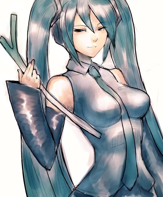 fumio (rsqkr), hatsune miku, vocaloid, detached sleeves, green eyes, green hair, long hair, necktie, skirt, solo, spring onion, twintails