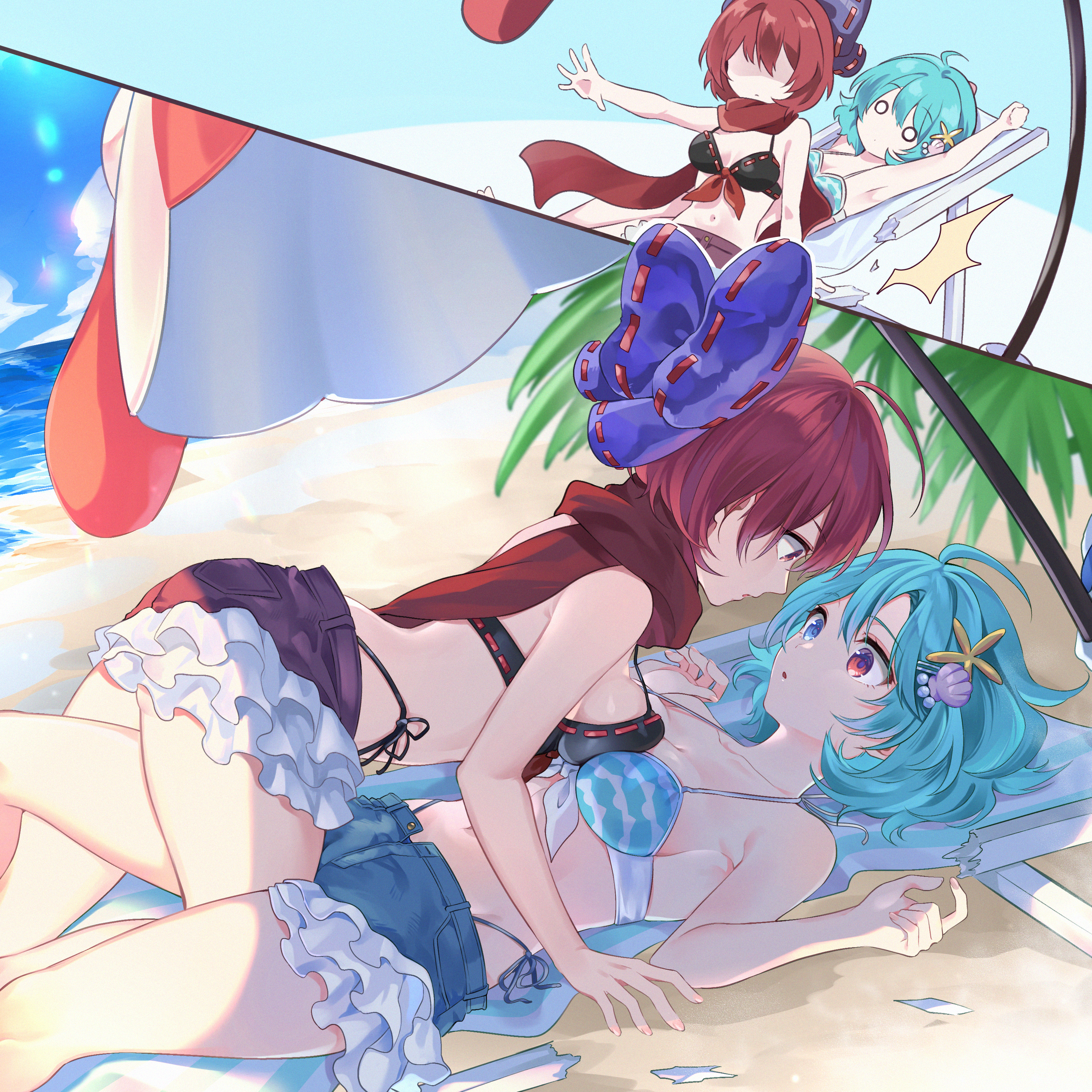 torimarururu, sekibanki, tatara kogasa, tatara kogasa (umbrella), touhou, touhou lostword, absurdres, commission, highres, pixiv commission, 2girls, beach, bikini, bikini under shorts, black bikini, blue bikini, blue bow, blue eyes, blue hair, bow, breast press, breasts, chair, clam shell ornament, eye contact, fallen down, hair ornament, hairclip, looking at another, lounge chair, lying, lying on person, multiple girls, on back, outdoors, red eyes, red hair, sekibanki (dullahan on the beach), short hair, shorts, side-tie bikini bottom, starfish hair ornament, swimsuit, symmetrical docking, umbrella, water, yuri