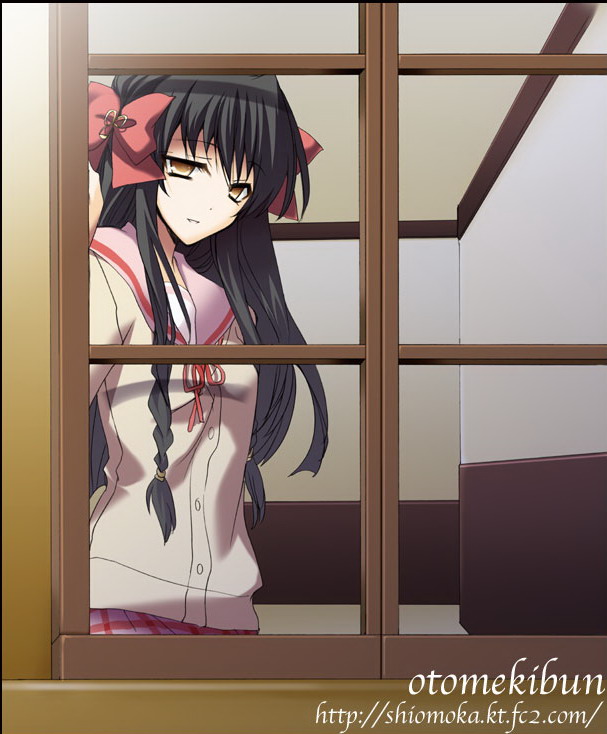 sanshoku amido, minamoto chikaru, strawberry panic!, plaid, 00s, 1girl, black hair, bow, braid, female focus, hair bow, indoors, long hair, looking outside, school uniform, serafuku, smile, solo, twin braids, watermark, web address, window, yellow eyes
