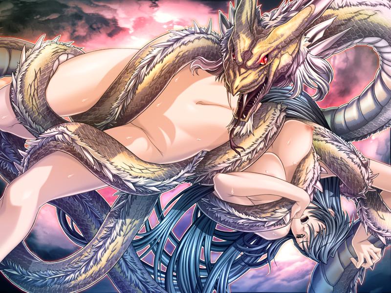 1girl, blue hair, breasts, dragon, monster, nude, outdoors, rape, sky
