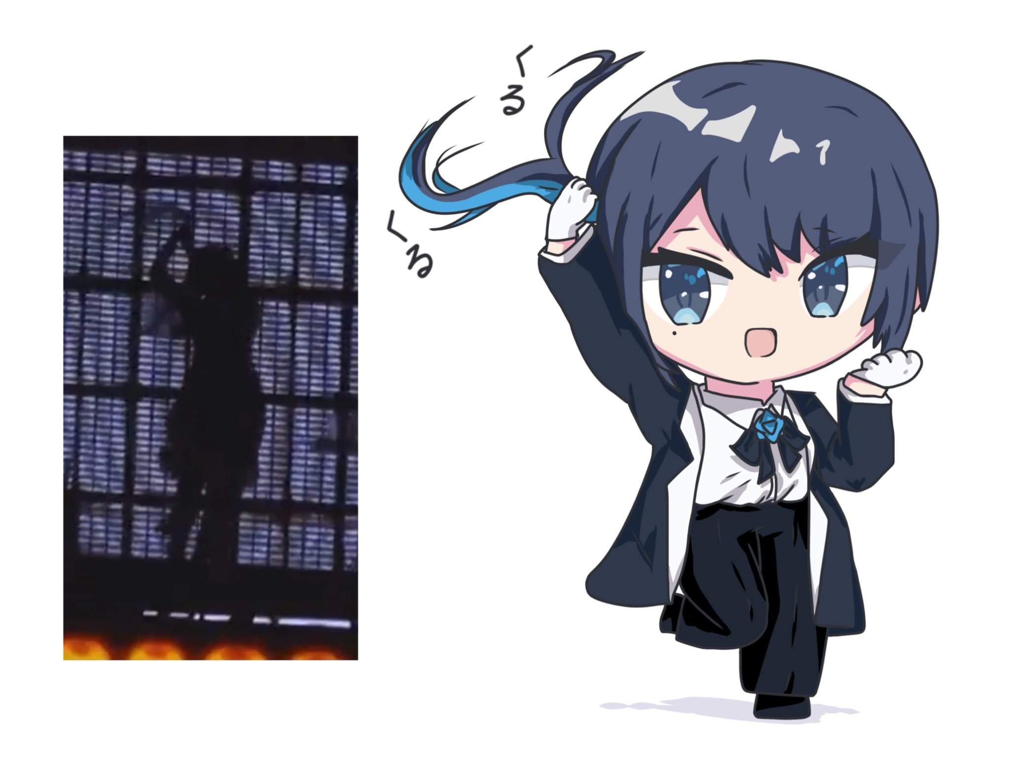 zeiyu1213imokku, chando (ado), ado (utaite), commentary request, highres, 1girl, ado box, black bow, black bowtie, black coat, black eyes, black hair, black pants, bow, bowtie, coat, floating hair, hand up, looking at viewer, mole, mole under eye, open clothes, open coat, open mouth, pants, ponytail, reference inset, simple background, solo, utaite, white background