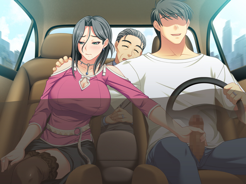 asakura sakura, shiga ryouji, umetsu reimi, umetsu tatsumi, uwaki tsuma, west vision, lace-trimmed legwear, looking away, game cg, 1girl, 2boys, :d, ^ ^, age difference, arm around neck, bare shoulders, belt, black hair, black thighhighs, blush, breasts, building, car, car interior, censored, cheating (relationship), cityscape, cleavage, cleavage cutout, closed eyes, closed mouth, clothed sex, clothing cutout, cloud, couple, day, denim, driving, earrings, embarrassed, faceless, faceless male, formal clothes, green eyes, grey hair, hair between eyes, hand on another's shoulder, hand on own knee, handjob, happy sex, head tilt, hetero, hug, huge breasts, husband and wife, jeans, jewelry, lace, lace trim, large breasts, left-hand drive, looking down, mature female, miniskirt, mole, mole under mouth, mosaic censoring, motor vehicle, multiple boys, necklace, old, old man, open fly, open mouth, outstretched arm, own hands clasped, own hands together, pants, pencil skirt, pendant, penis, raised eyebrows, ring, shirt, short hair, side slit, sitting, skirt, sky, skyscraper, smile, stealth handjob, stealth sex, suit, t-shirt, thighhighs, transparent, unknown, wedding band, x-ray, zettai ryouiki