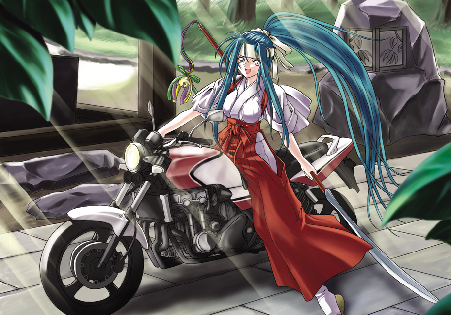inoino (neko saffron), vehicle, 1girl, female focus, hair ribbon, hakama, hakama skirt, headband, japanese clothes, long hair, miko, motor vehicle, motorcycle, polearm, ponytail, red hakama, ribbon, skirt, solo, spear, weapon