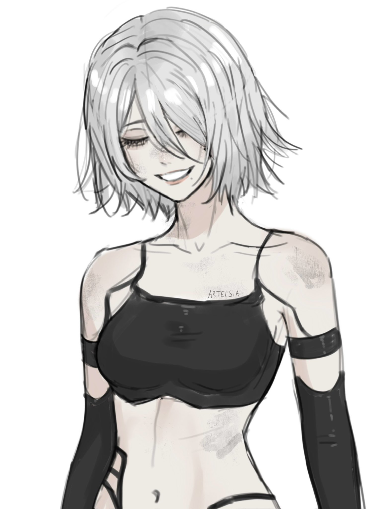 artelsia, a2 (nier:automata), nier:automata, nier (series), commentary, highres, 1girl, armlet, breasts, hair between eyes, jewelry, long hair between eyes, medium breasts, mole, mole under mouth, navel, open mouth, short hair, simple background, solo, stomach, white background, white hair