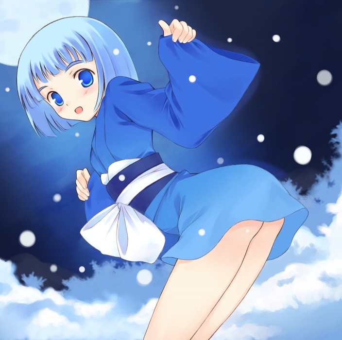 kurasuke, original, 1girl, arched back, bent over, blue eyes, blue hair, blush, bob cut, female focus, japanese clothes, kimono, long sleeves, looking at viewer, matching hair/eyes, moon, open mouth, short hair, short kimono, sleeves past wrists, smile, snow, solo