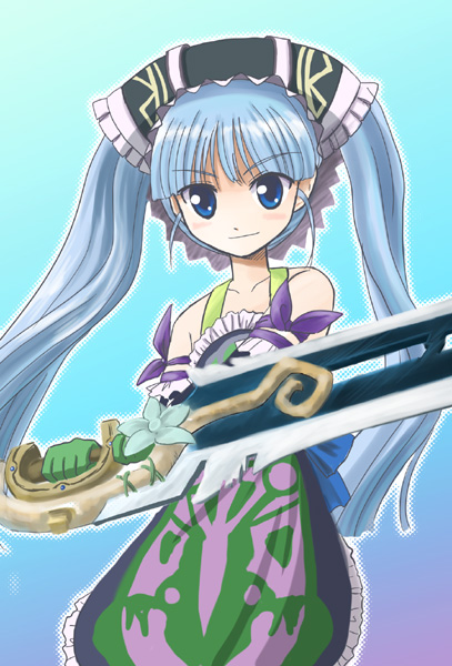 hashiyamoto, gretel (otogi-jushi akazukin), otogi-juushi akazukin, gretel, 00s, 1girl, blue eyes, blue hair, female focus, long hair, matching hair/eyes, solo, sword, weapon