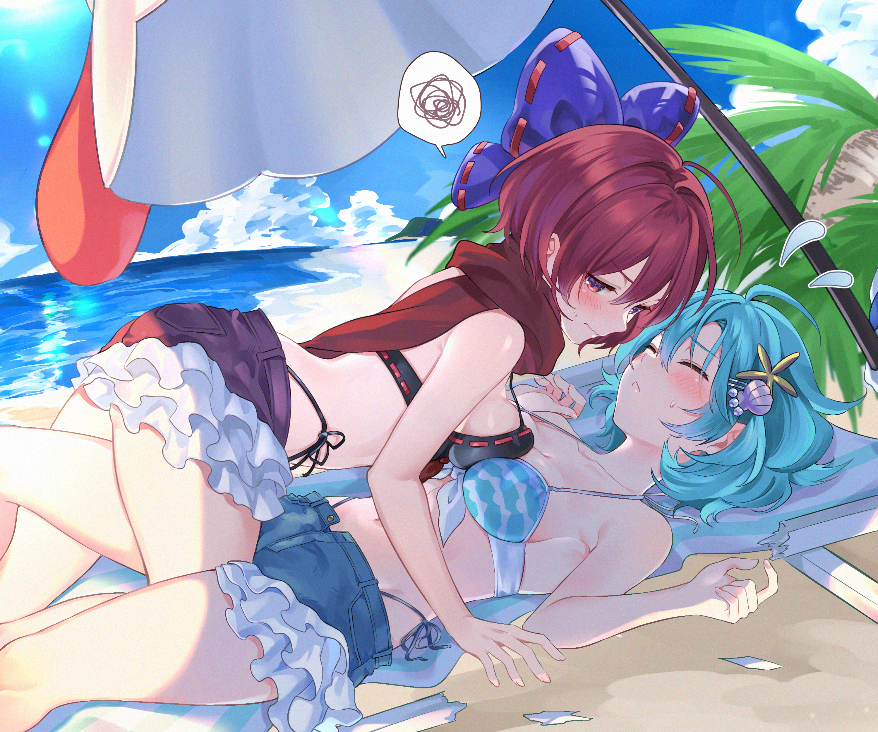 torimarururu, sekibanki, tatara kogasa, tatara kogasa (umbrella), touhou, touhou lostword, absurdres, commission, highres, pixiv commission, 2girls, beach, bikini, bikini under shorts, black bikini, blue bikini, blue bow, blue hair, bow, breast press, breasts, chair, clam shell ornament, closed eyes, eye contact, fallen down, hair ornament, hairclip, looking at another, lounge chair, lying, lying on person, multiple girls, on back, outdoors, red eyes, red hair, sekibanki (dullahan on the beach), short hair, shorts, side-tie bikini bottom, starfish hair ornament, sweatdrop, swimsuit, symmetrical docking, umbrella, water, yuri