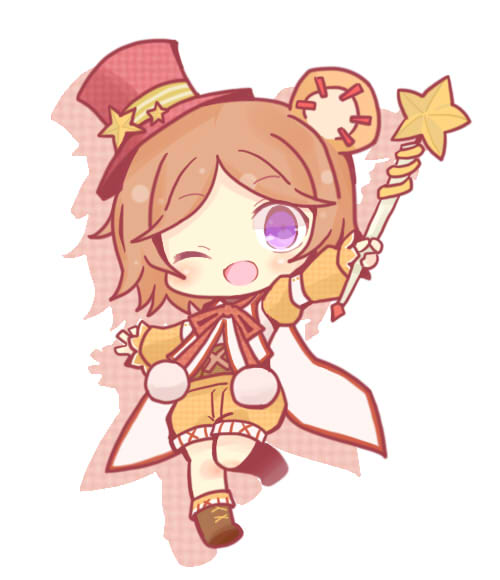 homurabi, tiny zero alma, emil chronicle online, 1girl, animal ears, bear ears, bear girl, brown hair, brown shoes, chibi, cloak, hat, holding, holding wand, one eye closed, open mouth, purple eyes, red hat, red ribbon, ribbon, shirt, shoes, shorts, smile, solo, standing, standing on one leg, wand, white background, white cloak, yellow shirt, yellow shorts