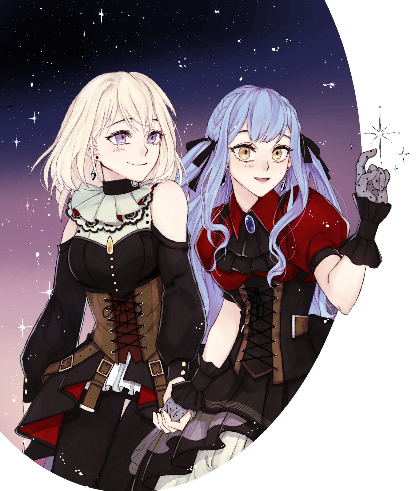 rjfqoszm1212, doloris (bang dream!), misumi uika, oblivionis (bang dream!), togawa sakiko, bang dream!, bang dream! it's mygo!!!!!, commentary request, highres, korean commentary, 2girls, ascot, black ascot, black corset, black dress, black ribbon, blonde hair, blue brooch, blue hair, brown corset, corset, dress, earrings, gloves, grey gloves, hair ribbon, holding hands, jewelry, juliet sleeves, long hair, long sleeves, medium hair, multiple girls, open mouth, puffy sleeves, purple eyes, red shirt, ribbon, shirt, sidelocks, sky, star (sky), starry sky, yellow eyes