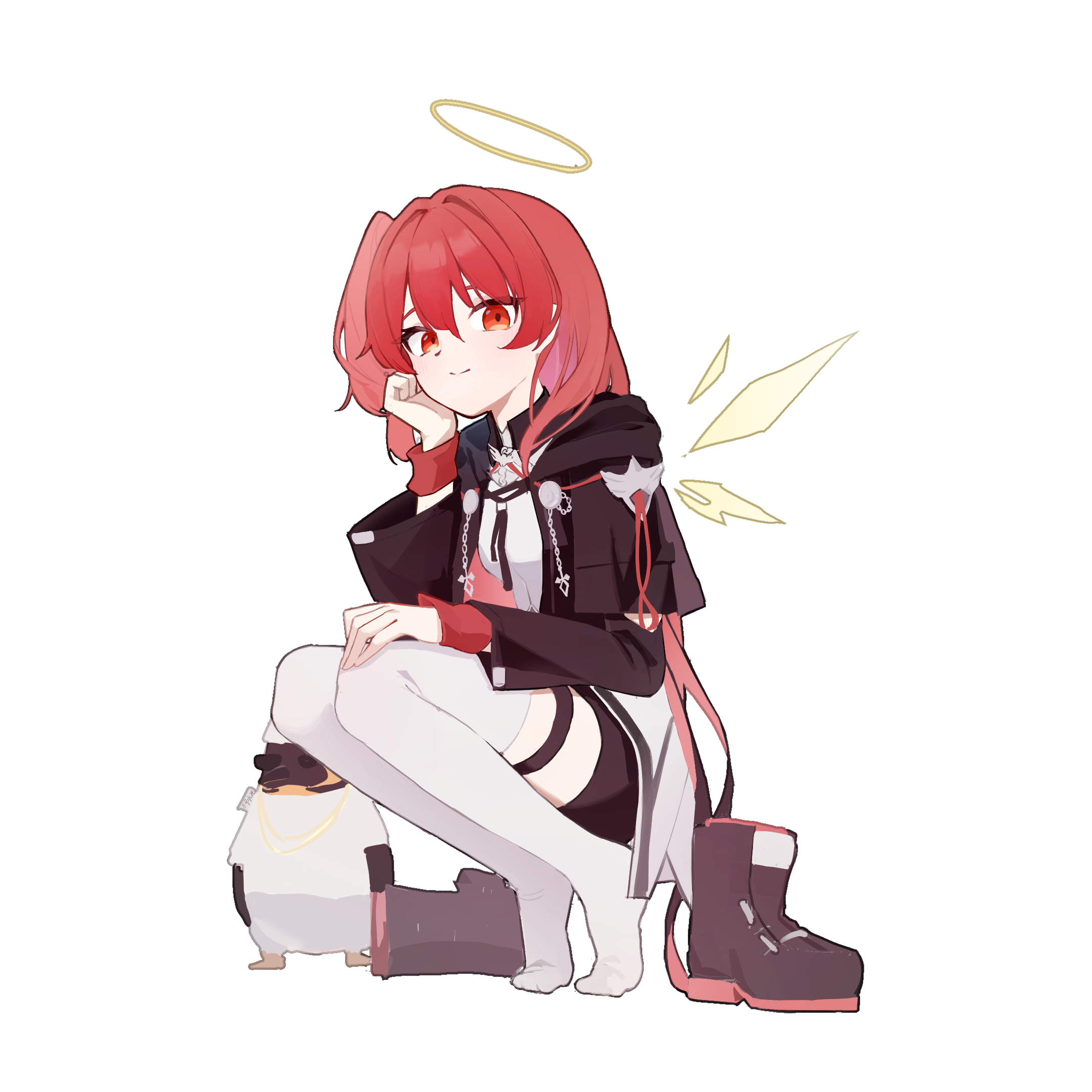 emperor (arknights), exusiai (arknights), exusiai the new covenant (arknights), arknights, chinese commentary, commentary request, highres, 1girl, ankle boots, black boots, boots, closed mouth, detached wings, full body, hair between eyes, halo, hand on own knee, head rest, long sleeves, looking at viewer, medium hair, no shoes, red eyes, red hair, simple background, smile, solo, squatting, thigh strap, thighhighs, traditional halo, unworn boots, white background, white thighhighs, wings, yellow halo, yosiko 23