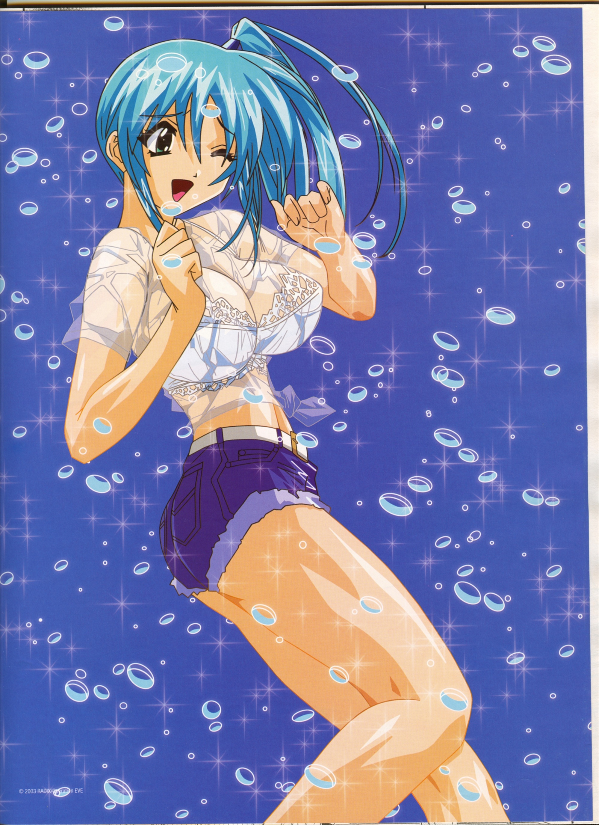 yamashita toshinari, kureha misaki, divergence eve, absurdres, highres, official art, scan, 00s, 1990s (style), 1girl, ;d, aqua eyes, ass, blue hair, bra, breasts, bubble, cleavage, crop top, denim, denim shorts, female focus, impossible clothes, impossible shirt, lace, lace bra, large breasts, lingerie, long hair, midriff, one eye closed, open mouth, ponytail, profile, retro artstyle, see-through clothes, shiny skin, shirt, short shorts, shorts, side ponytail, smile, solo, sparkle, standing, t-shirt, torn clothes, underwear, wet, wet clothes, wet shirt, white bra, wince, wink
