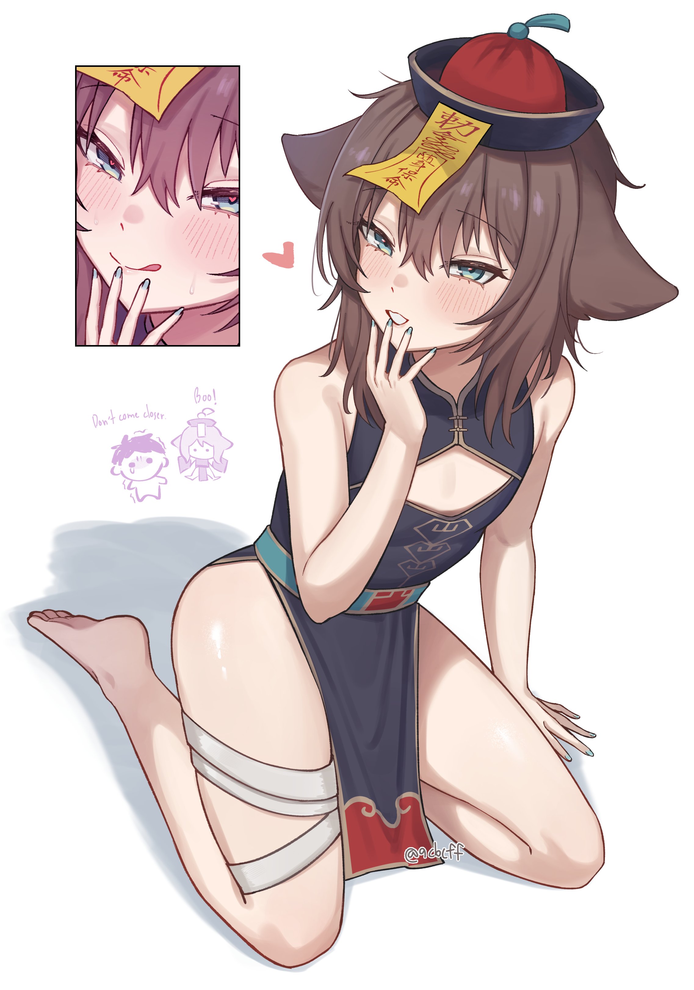rat squeak, original, absurdres, commentary, highres, 1boy, :q, animal ears, bare arms, bare shoulders, barefoot, blue eyes, blush, brown hair, cat ears, chibi, chibi inset, cleavage cutout, clothing cutout, full body, hat, heart, heart-shaped pupils, jiangshi costume, licking lips, looking at viewer, male focus, ofuda, pelvic curtain, qingdai guanmao, seiza, simple background, sitting, smile, symbol-shaped pupils, thighs, tongue, tongue out, trap, tsurime, twitter username, white background