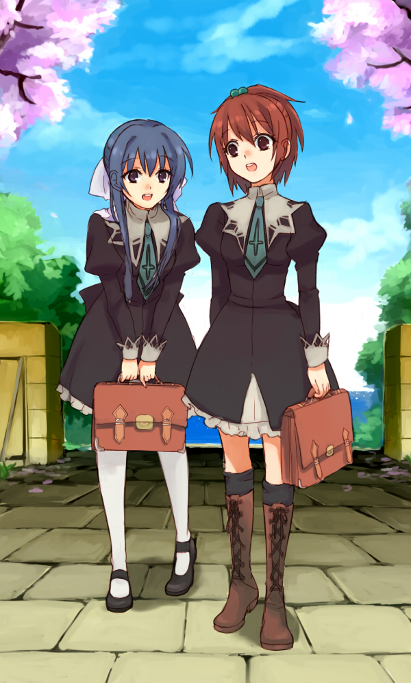 01 0219, aoi nagisa, suzumi tamao, strawberry panic!, black footwear, brown footwear, white legwear, 00s, 2girls, bag, black dress, black socks, blue hair, boots, bow, briefcase, brown eyes, brown hair, cherry blossoms, cloud, cross, cross print, day, dress, full body, hair bobbles, hair bow, hair ornament, holding, holding bag, inverted cross, juliet sleeves, kneehighs, lace-trimmed sleeves, lace-up boots, lace trim, legs apart, long hair, long sleeves, looking at another, mary janes, multiple girls, necktie, ocean, open mouth, outdoors, pantyhose, pavement, petals, ponytail, puffy sleeves, school uniform, shadow, shoes, sidelocks, sky, sleeves rolled up, socks, standing, tree, v arms