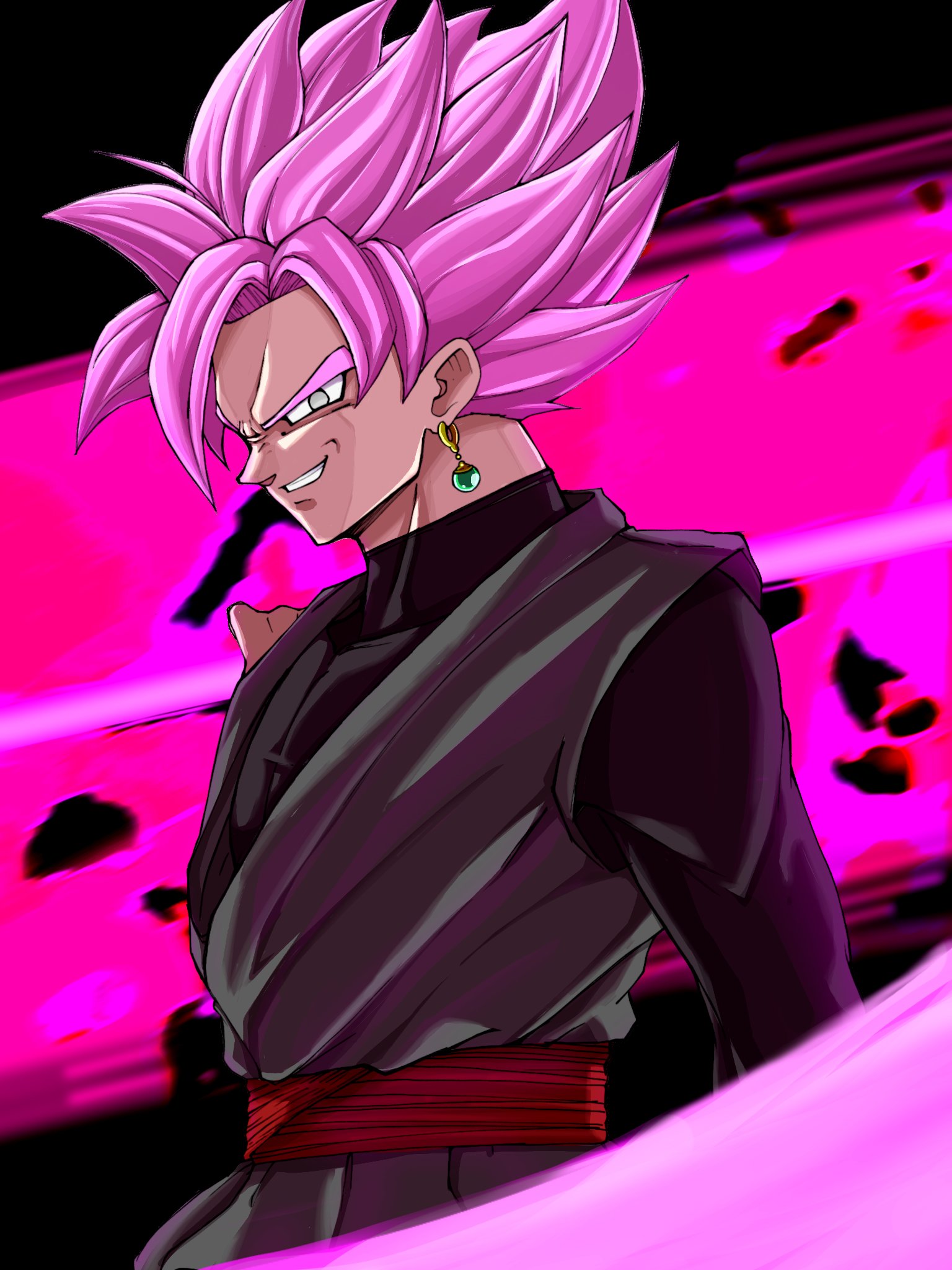 shin (mrgt2288), goku black, dragon ball, dragon ball super, highres, 1boy, black shirt, cowboy shot, dougi, earrings, grey eyes, grey tunic, jewelry, male focus, medium hair, pink hair, potara earrings, red sash, sash, shirt, smirk, solo, spiked hair, tunic