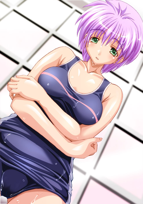 shiruko (inosin), yae kaori, tokimeki memorial, tokimeki memorial 2, 1girl, female focus, green eyes, one-piece swimsuit, purple hair, purple one-piece swimsuit, purple school swimsuit, school swimsuit, solo, swimsuit, wet
