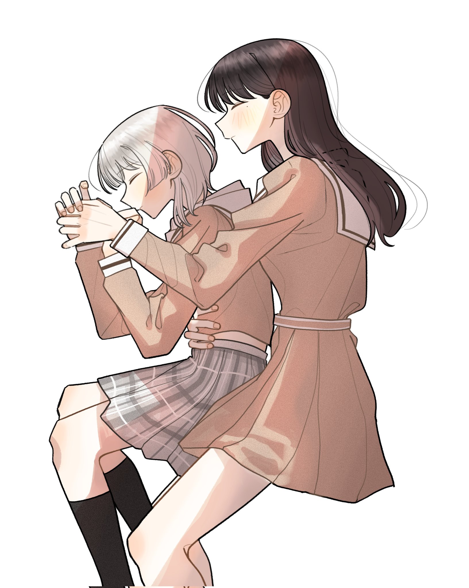 otaku5252, kaname raana, shiina taki, bang dream!, bang dream! it's mygo!!!!!, commentary request, commission, corrupted twitter file, highres, korean commentary, second-party source, 2girls, black hair, black socks, blush, brown dress, closed eyes, closed mouth, dress, grey skirt, hug, kneehighs, long hair, lying, mole, mole under eye, multiple girls, on side, plaid clothes, plaid skirt, pleated skirt, sailor collar, sailor dress, school uniform, serafuku, short hair, simple background, skirt, socks, white background, white hair, white sailor collar, yuri