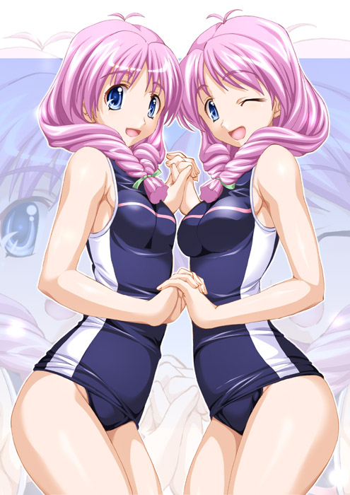 shiruko (inosin), shirayuki maho, shirayuki miho, tokimeki memorial, tokimeki memorial 2, 2girls, antenna hair, blue eyes, breast press, breasts, front ponytail, hair ribbon, holding hands, multiple girls, one-piece swimsuit, one eye closed, pink hair, purple one-piece swimsuit, purple school swimsuit, ribbon, school swimsuit, siblings, single vertical stripe, sisters, smile, swimsuit, symmetrical docking, symmetry, twins, wink, zoom layer