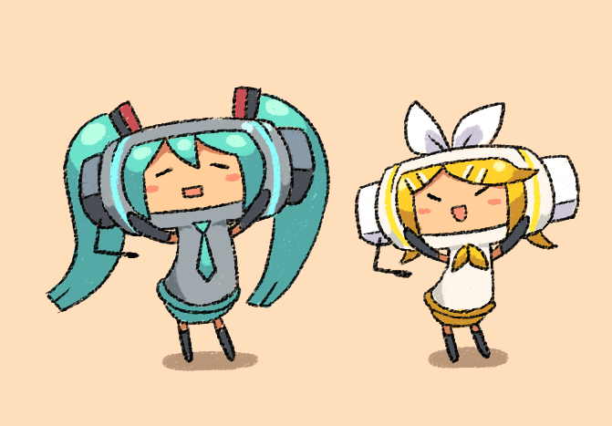 chan co, hatsune miku, kagamine rin, katamari damacy, vocaloid, animated, animated gif, chibi, long hair, parody, twintails, very long hair