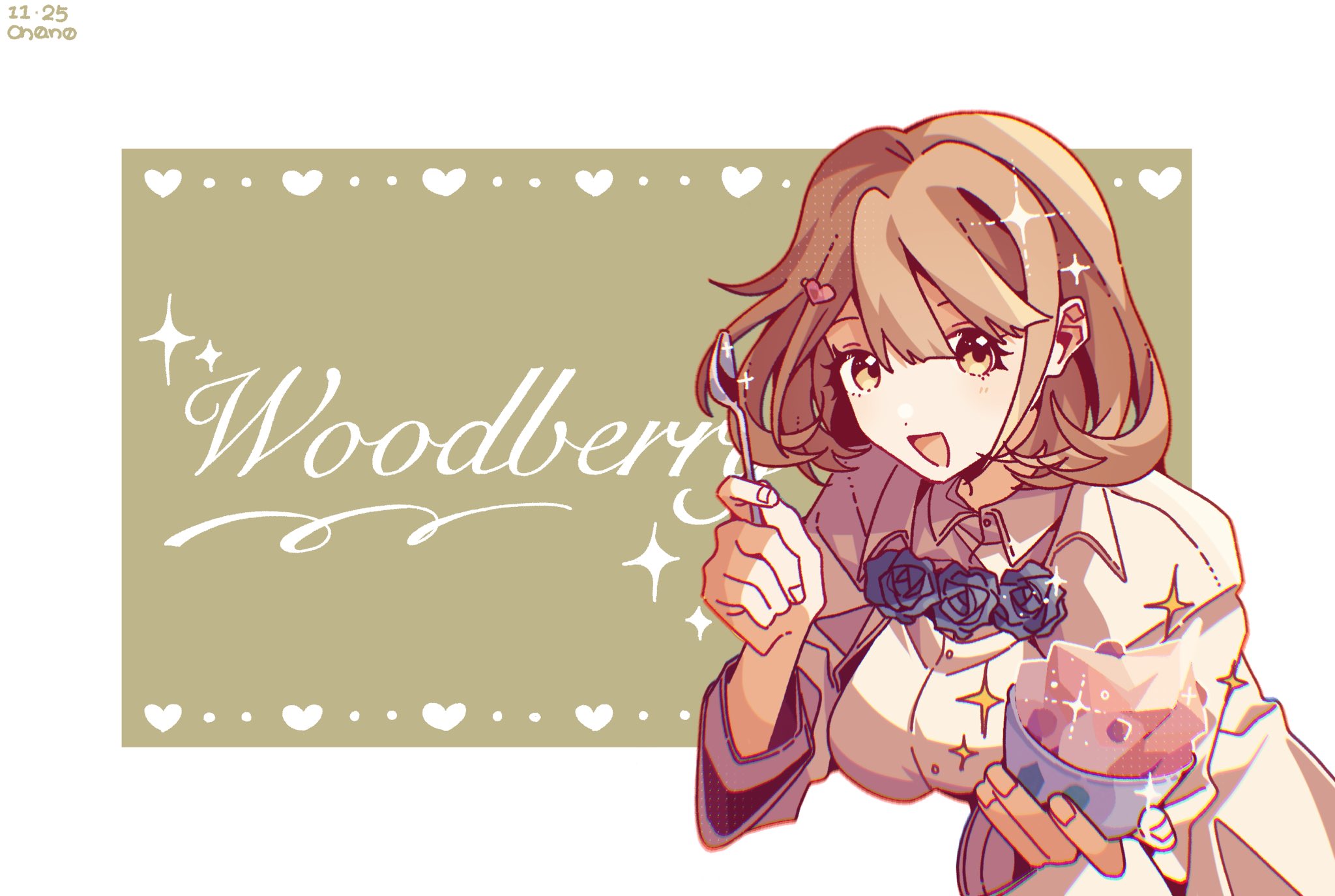 narusawa ryouka, occultic;nine, science adventure, highres, 1girl, blue flower, breasts, brown eyes, brown hair, buttons, coat, collared shirt, dress shirt, enomotochano, flower, food, hair ornament, hairclip, happy, heart, heart button, heart hair ornament, high-waist skirt, holding, holding food, holding spoon, large breasts, light blush, long sleeves, looking at viewer, miniskirt, offering food, open mouth, pink skirt, shirt, short hair, skirt, smile, solo, spoon, tongue, upper body, white coat, white shirt