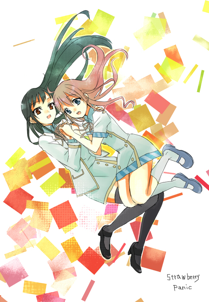 01 0219, numata seiya, konohana hikari, nanto yaya, strawberry panic!, striped, 00s, 2girls, ahoge, black hair, black socks, black thighhighs, blue eyes, falling, grey hair, high heels, holding hands, hug, jacket, kneehighs, long hair, mary janes, multiple girls, open mouth, red eyes, school uniform, serafuku, shoes, skirt, socks, thighhighs, yuri, zettai ryouiki