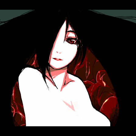ozoi, futaba channel, nijiura maids, lowres, 1girl, black hair, breasts, female focus, guro, hair over one eye, nude, oekaki, red eyes, solo