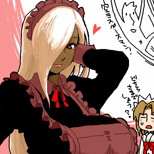 tenseiani, harai, ozoi, futaba channel, nijiura maids, alternate breast size, translation request, 1boy, 2girls, alternate hair color, apron, blonde hair, blush, breasts, brown hair, dark-skinned female, dark skin, hair over one eye, hand in own hair, heart, huge breasts, japanese clothes, looking at viewer, maid, maid headdress, miko, multiple girls, oekaki, purple apron, red lips, simple background, smile, sweat, yellow eyes