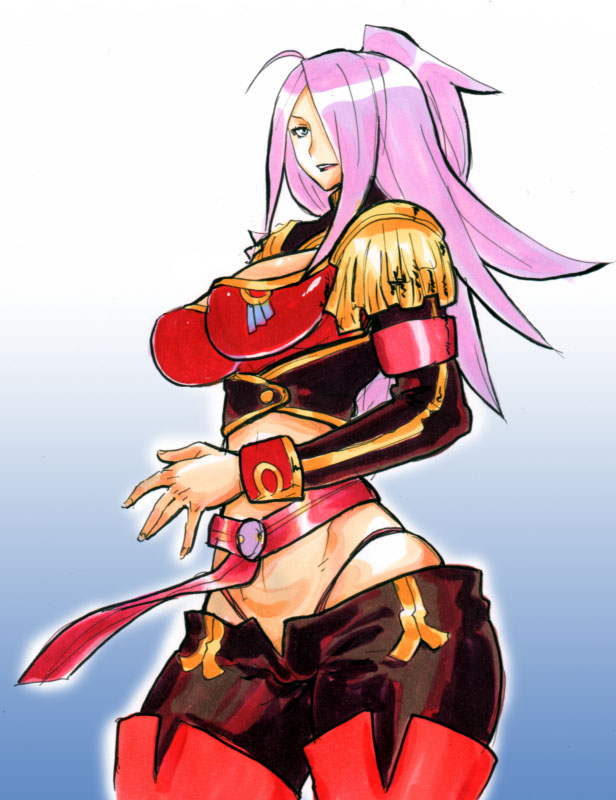 kikuta, garnet mclane, dragonaut, 00s, 1girl, boots, breasts, cleavage, cleavage cutout, clothing cutout, crop top, dark-skinned female, dark skin, female focus, huge breasts, pink hair, puffy nipples, solo, thick thighs, thigh boots, thighhighs, thighs