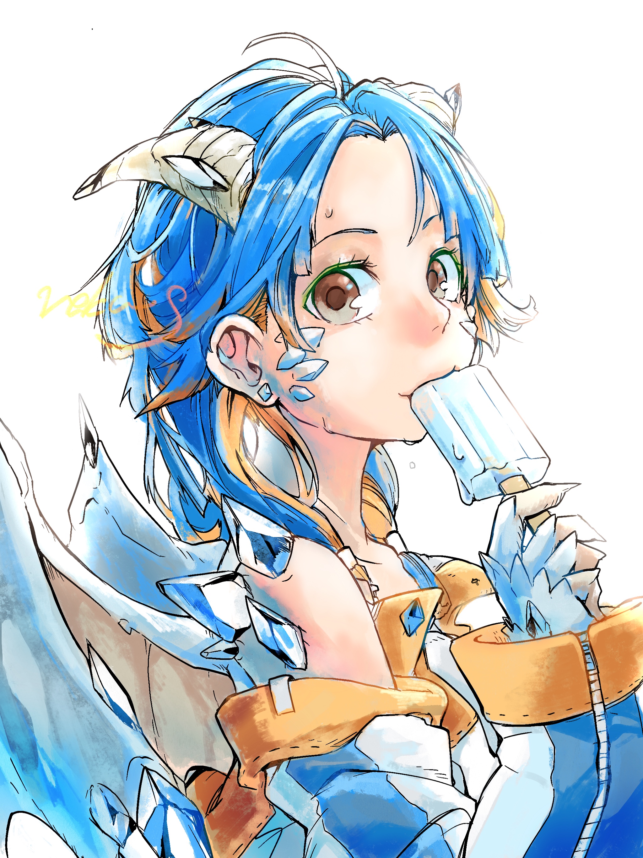 original, absurdres, highres, 1girl, ahoge, bare shoulders, blue hair, blue wings, brown eyes, closed mouth, colored eyelashes, colored inner hair, crystal, dragon girl, dragon wings, fingerless gloves, fingernails, food, from side, fur gloves, gloves, grey horns, half updo, hand up, holding, holding food, holding popsicle, horns, long fingernails, long sleeves, looking at viewer, looking to the side, low-tied sidelocks, material growth, middle part, mini wings, multicolored hair, off shoulder, orange hair, orange trim, parted hair, popsicle, sakai raku, scales, sidelocks, signature, simple background, solo, upper body, white background, wings