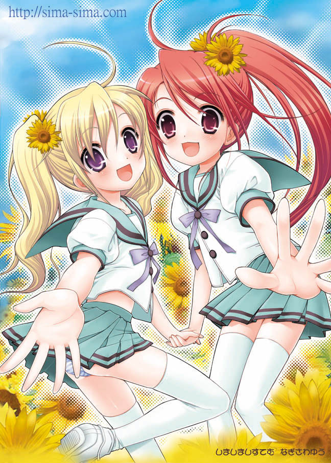 nagisawa yuu, original, blonde hair, flower, hair ornament, ponytail, purple eyes, red eyes, red hair, school uniform, serafuku, thighhighs, twintails, zettai ryouiki