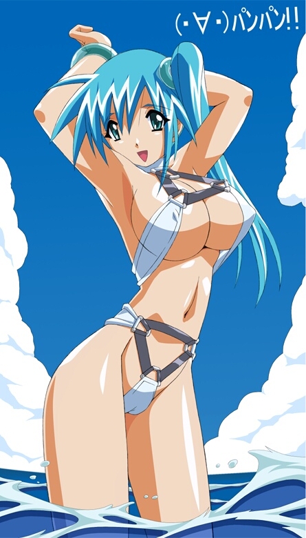 kureha misaki, divergence eve, 00s, 1girl, armpits, arms up, bikini, blue eyes, blue hair, breasts, cameltoe, cloud, day, female focus, huge breasts, matching hair/eyes, narrow waist, ocean, pretzel bikini, side ponytail, solo, strap, swimsuit, water