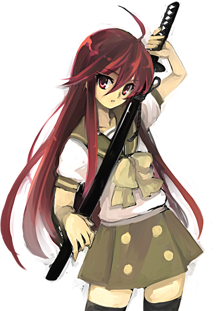 01 0219, shana, shakugan no shana, bad id, bad pixiv id, 00s, ahoge, black thighhighs, cowboy shot, hair between eyes, holding, holding sword, holding weapon, katana, long hair, miniskirt, red hair, school uniform, serafuku, sheath, sheathed, simple background, skirt, solo, sword, thighhighs, weapon, white background