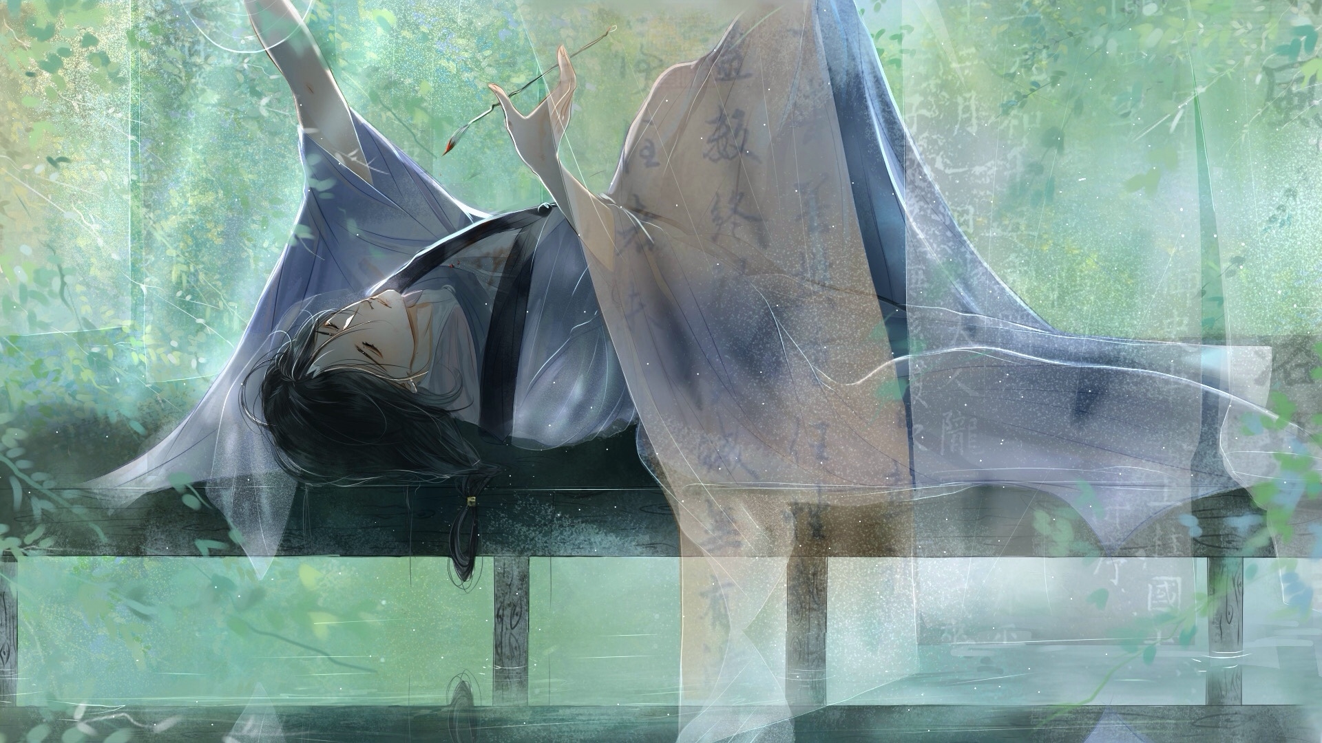 mohun, wo shi baitao zong, chinese commentary, highres, 1boy, arms up, black hair, blue hanfu, blue robe, chinese clothes, chinese text, closed eyes, curtains, feet out of frame, hanfu, hanging scroll, holding, holding paintbrush, knees up, light smile, long hair, long sleeves, low-tied long hair, lying, male focus, on back, outdoors, paint on clothes, paintbrush, parted bangs, parted lips, pier, plant, reflection, reflective water, robe, scroll, see-through curtains, solo, tree, water, wide sleeves