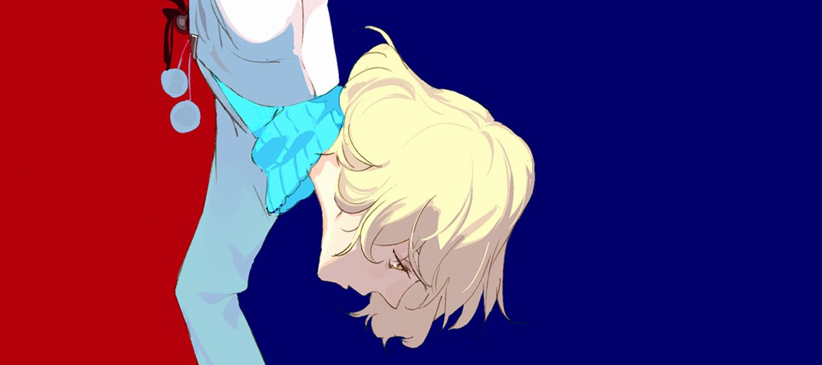 pako (pakosun), occultic;nine, science adventure, fluffy hair, official art, 1girl, black gloves, blonde hair, blue background, blue sweater, coat, gloves, kisaki asuna, long sleeves, looking down, narrowed eyes, open mouth, red background, solo, sweater, white coat, yellow eyes