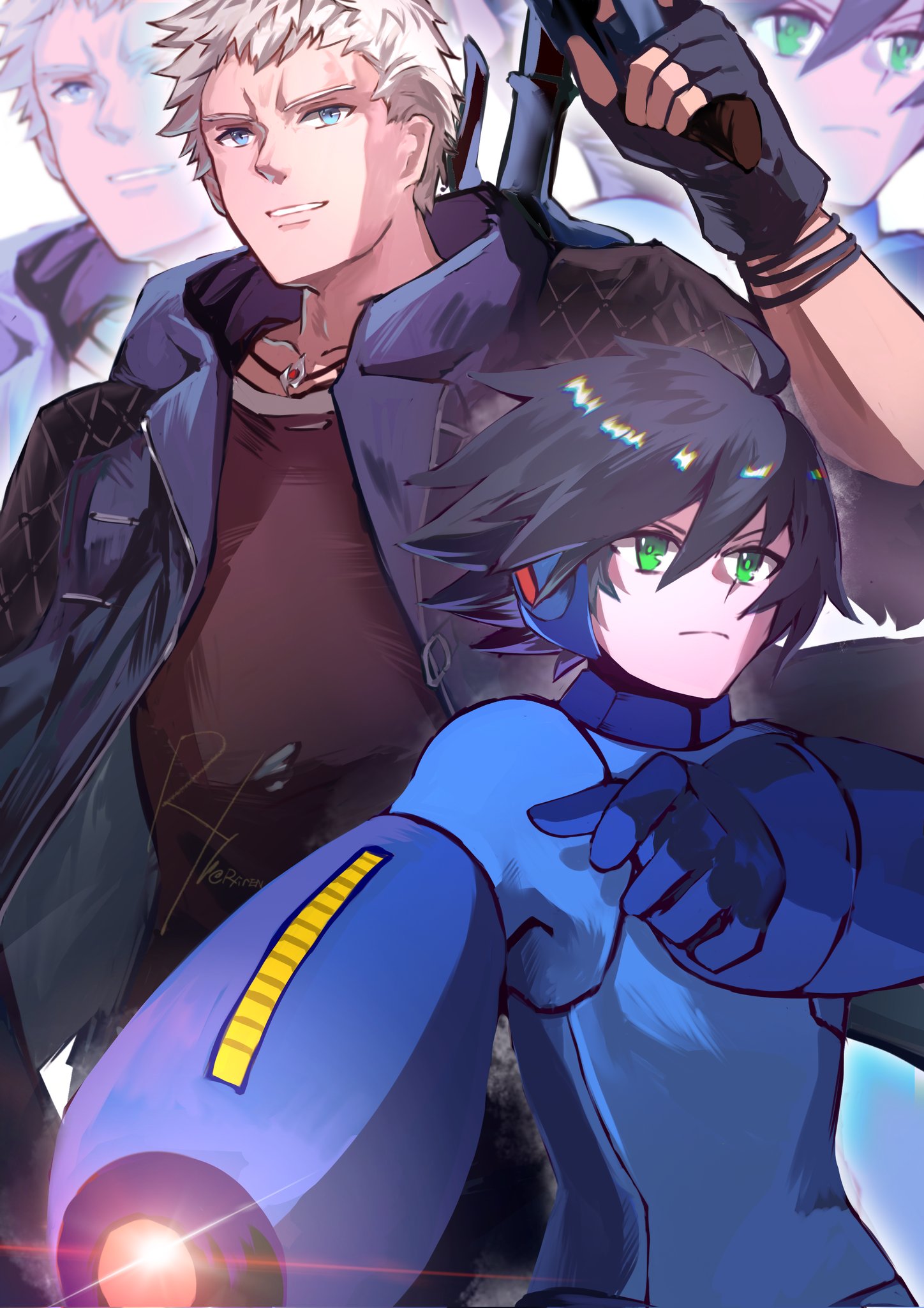 xirenl, mega man (character), nero (devil may cry), capcom, devil may cry (series), devil may cry 5, mega man (classic), mega man (series), hashtag-only commentary, highres, 2boys, arm cannon, black hair, blue eyes, company connection, cowboy shot, crossover, green eyes, gun, holding, holding gun, holding weapon, male focus, multiple boys, short hair, weapon, white hair