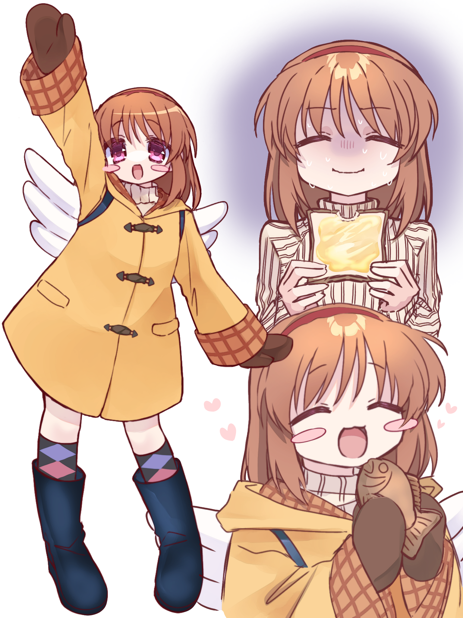 yasonomugi, tsukimiya ayu, kanon, commentary request, highres, 1girl, :d, ^ ^, akiko jam, argyle clothes, argyle socks, arm up, backpack, bag, blue boots, blush, blush stickers, boots, bread, bread slice, brown coat, brown hair, brown mittens, closed eyes, coat, facing viewer, false smile, food, full body, hairband, happy, heart, holding, holding food, looking at viewer, medium hair, mittens, multiple views, open mouth, red eyes, red hairband, ribbed sweater, shaded face, simple background, smile, socks, standing, sweat, sweater, taiyaki, upper body, wagashi, waving, white background, winged bag