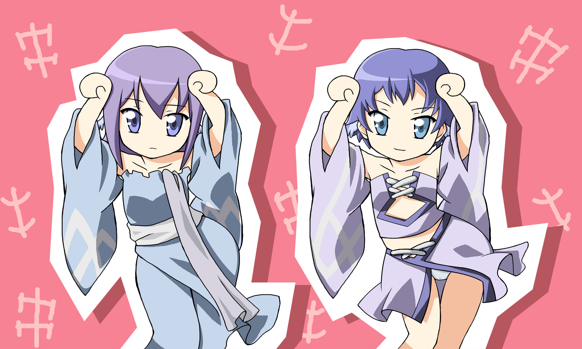 miyabe kotomi, miyabe makoto, vaire, varda, kiss dum, popotan, highres, 2girls, arms up, blue eyes, blue hair, caramelldansen, chibi, dancing, detached sleeves, flat chest, head wings, midriff, multiple girls, panties, pantyshot, parody, purple hair, short hair, smile, thigh gap, thighs, underwear, white panties, wings