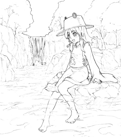 satori, satori (transient wind), moriya suwako, touhou, lowres, 1girl, arms at sides, barefoot, day, female focus, full body, greyscale, hat, monochrome, nature, outdoors, plant, river, sitting, skirt, smile, soaking feet, solo, water, white background