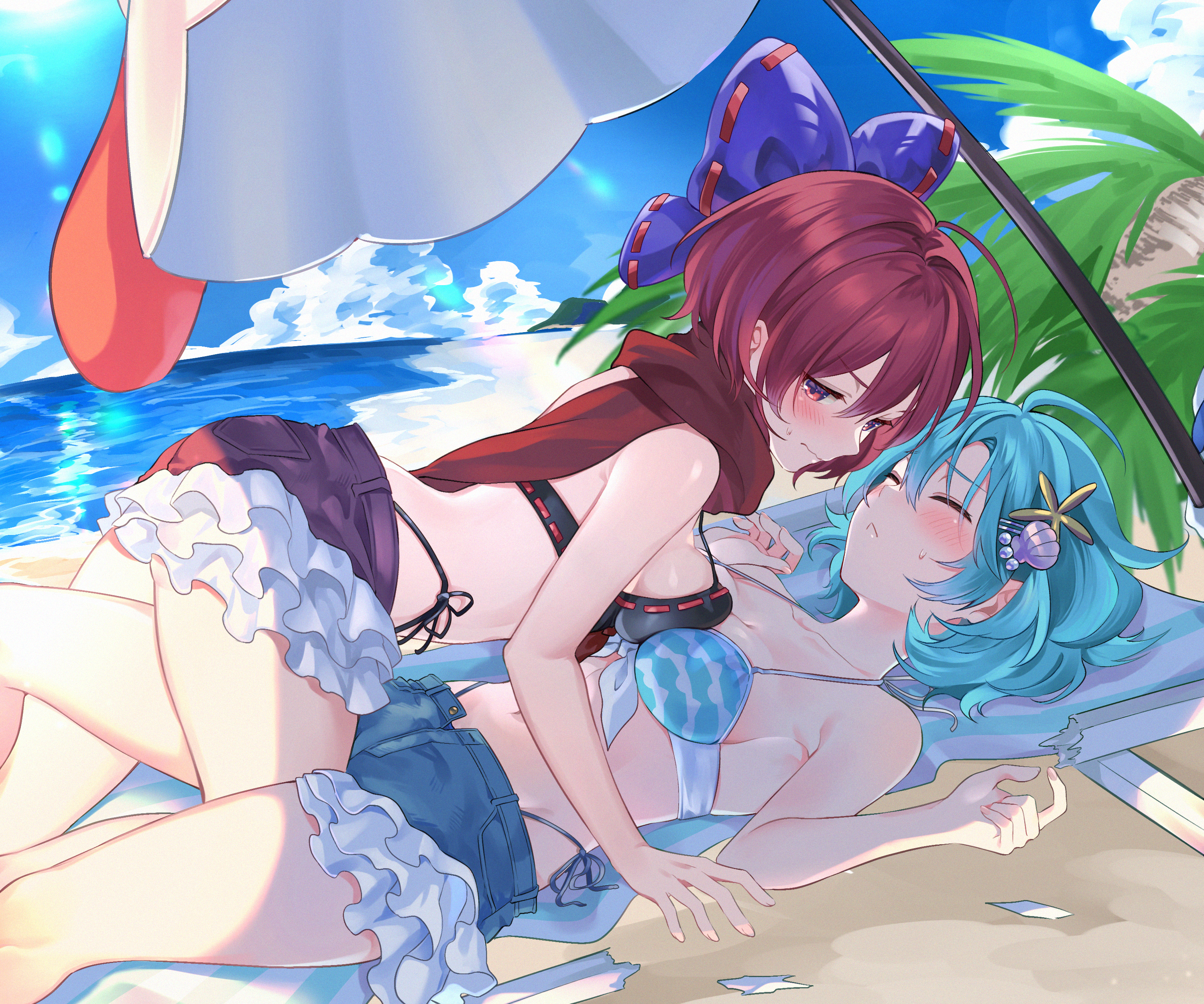 torimarururu, sekibanki, tatara kogasa, tatara kogasa (umbrella), touhou, touhou lostword, absurdres, commission, highres, pixiv commission, 2girls, beach, bikini, bikini under shorts, black bikini, blue bikini, blue bow, blue hair, bow, breast press, breasts, chair, clam shell ornament, closed eyes, eye contact, fallen down, hair ornament, hairclip, looking at another, lounge chair, lying, lying on person, multiple girls, on back, outdoors, red eyes, red hair, sekibanki (dullahan on the beach), short hair, shorts, side-tie bikini bottom, starfish hair ornament, swimsuit, symmetrical docking, umbrella, water, yuri