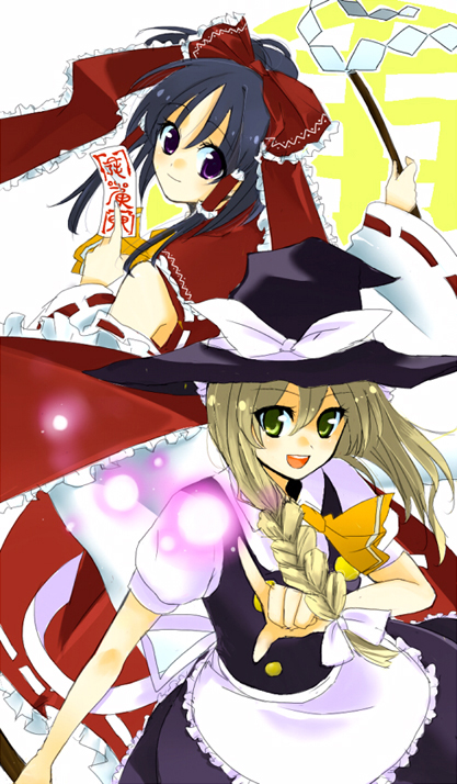01 0219, hakurei reimu, kirisame marisa, touhou, bad id, bad pixiv id, 2girls, :d, apron, black dress, blonde hair, bow, braid, brown eyes, brown hair, buttons, detached sleeves, dress, female focus, hair bow, hat, long sleeves, looking at viewer, multiple girls, ofuda, open mouth, puffy short sleeves, puffy sleeves, red bow, red dress, ribbon-trimmed sleeves, ribbon trim, short hair, short sleeves, sidelocks, single braid, smile, waist apron, witch hat